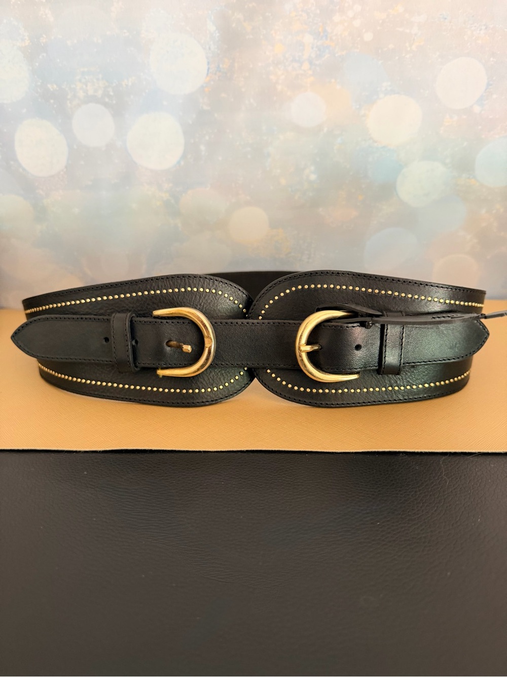 Black Leather Double Buckle Waist Belt with Gold Accents - Size L